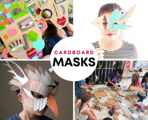 Cardboard masks teen art camp hub station
